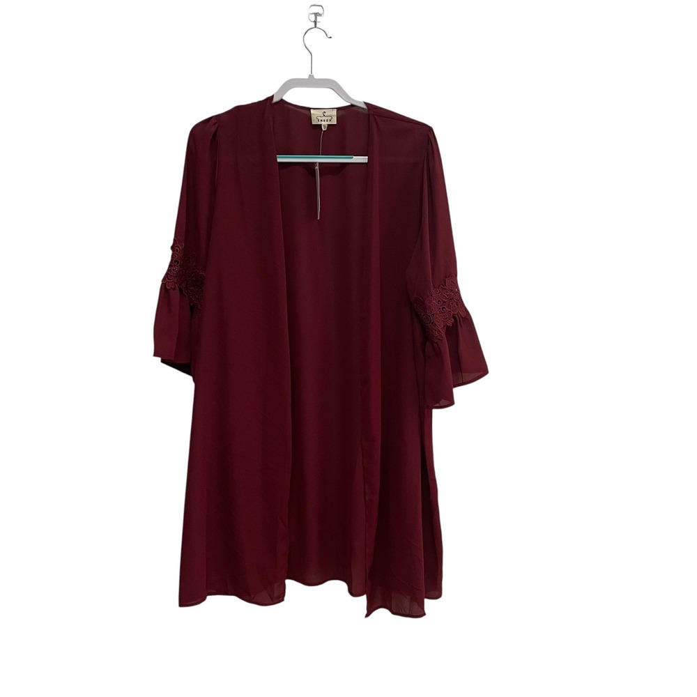 NWT Ember Kimono Duster Cardigan Bell Sleeve‎ Lace Trim Burgundy XL
